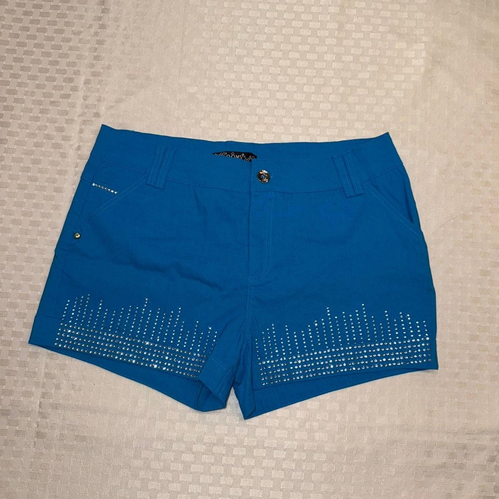 QQMY Women's Blue Bejeweled Mid Rise Shorts Large 13/14